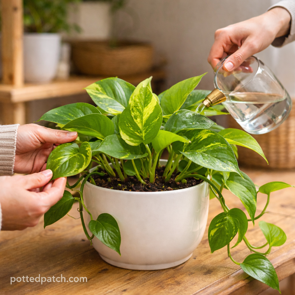 Person gently watering and inspecting a healthy pothos plant indoors in a white ceramic pot.