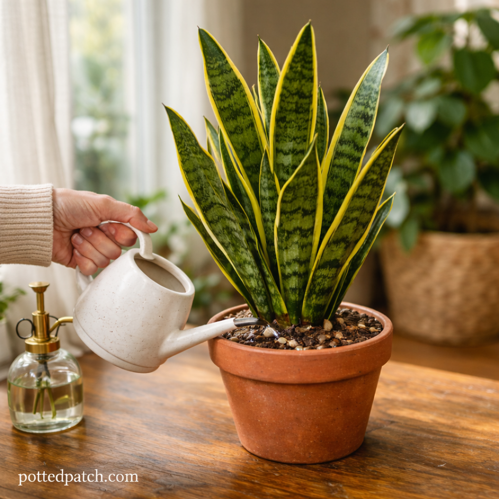 Person watering a healthy snake plant in a terracotta pot indoors using proper watering technique.