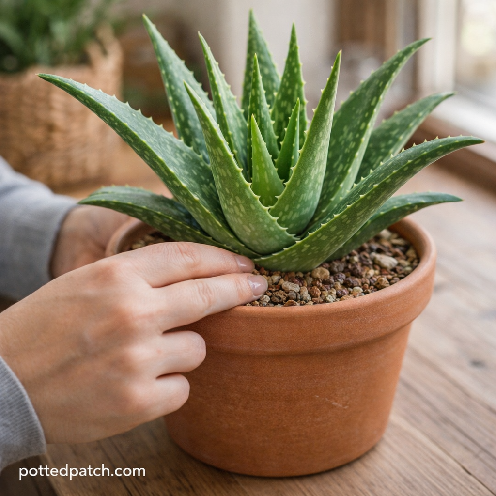 Person checking soil moisture of an indoor aloe vera plant in a terracotta pot near a window with pottedpatch.com watermark.