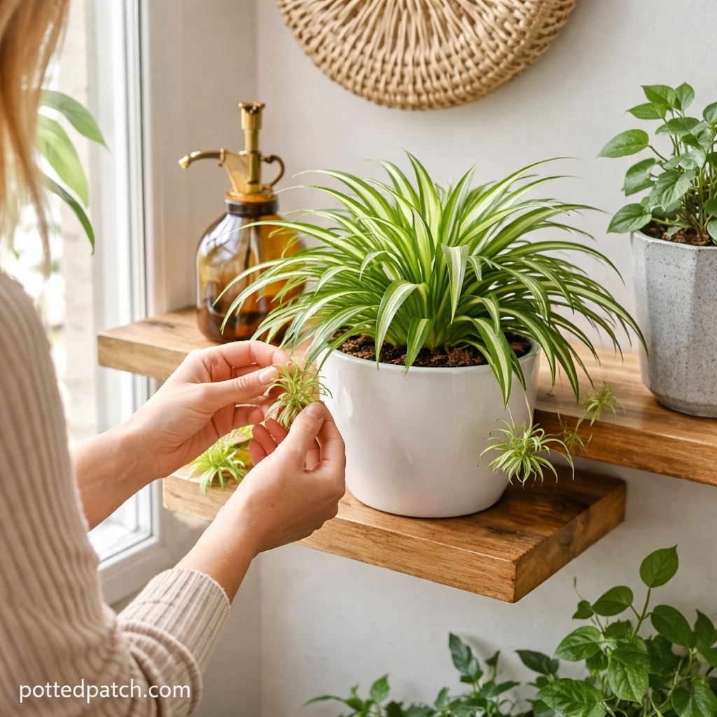Person holding and inspecting a spider plant baby while caring for a healthy indoor spider plant on a wooden shelf.