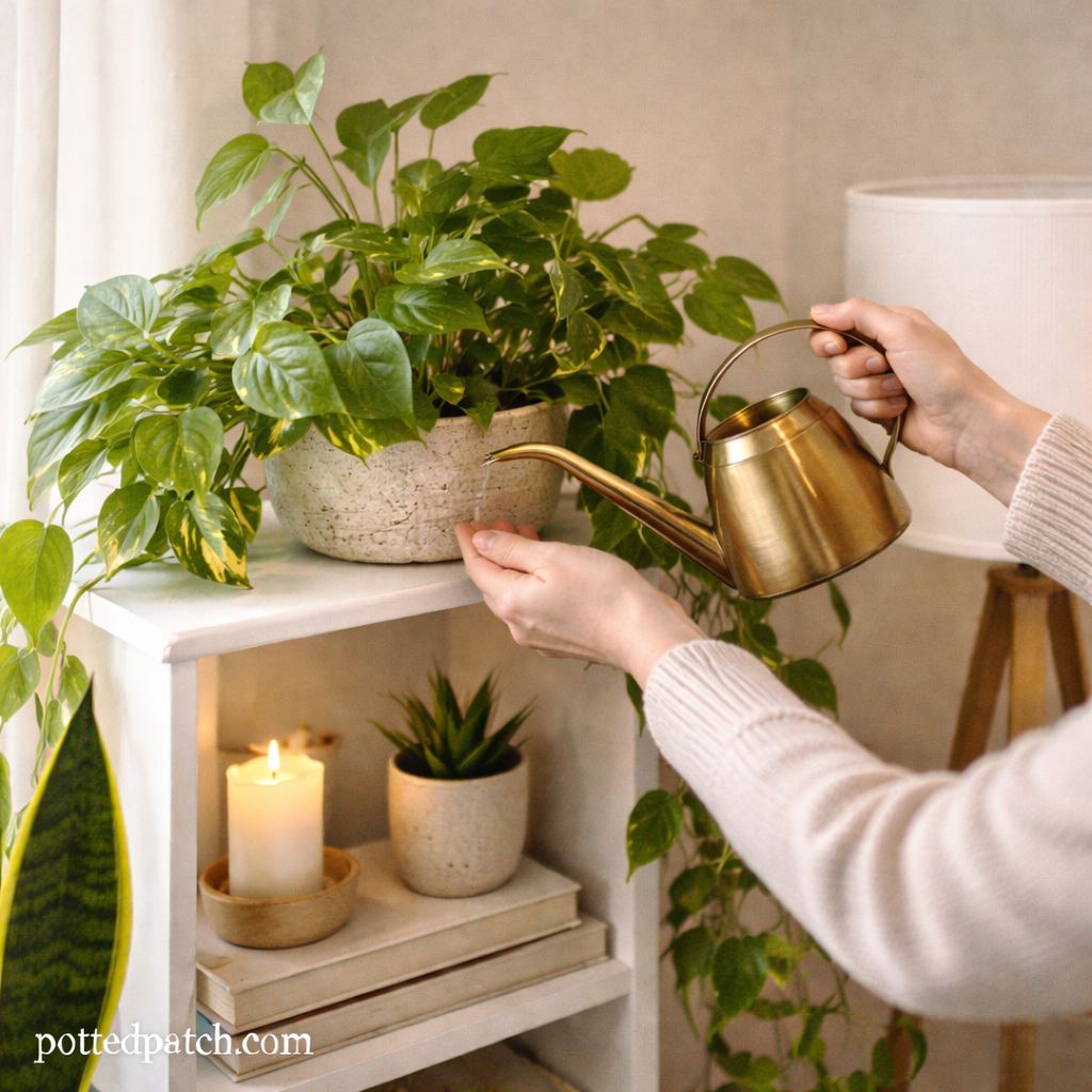 Person watering a trailing houseplant styled on a living room shelf for a balanced indoor display.