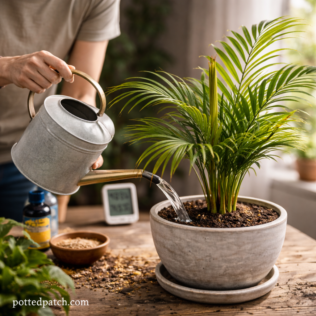 Person watering an indoor Areca palm in a ceramic pot to encourage new growth, with pottedpatch.com watermark.
