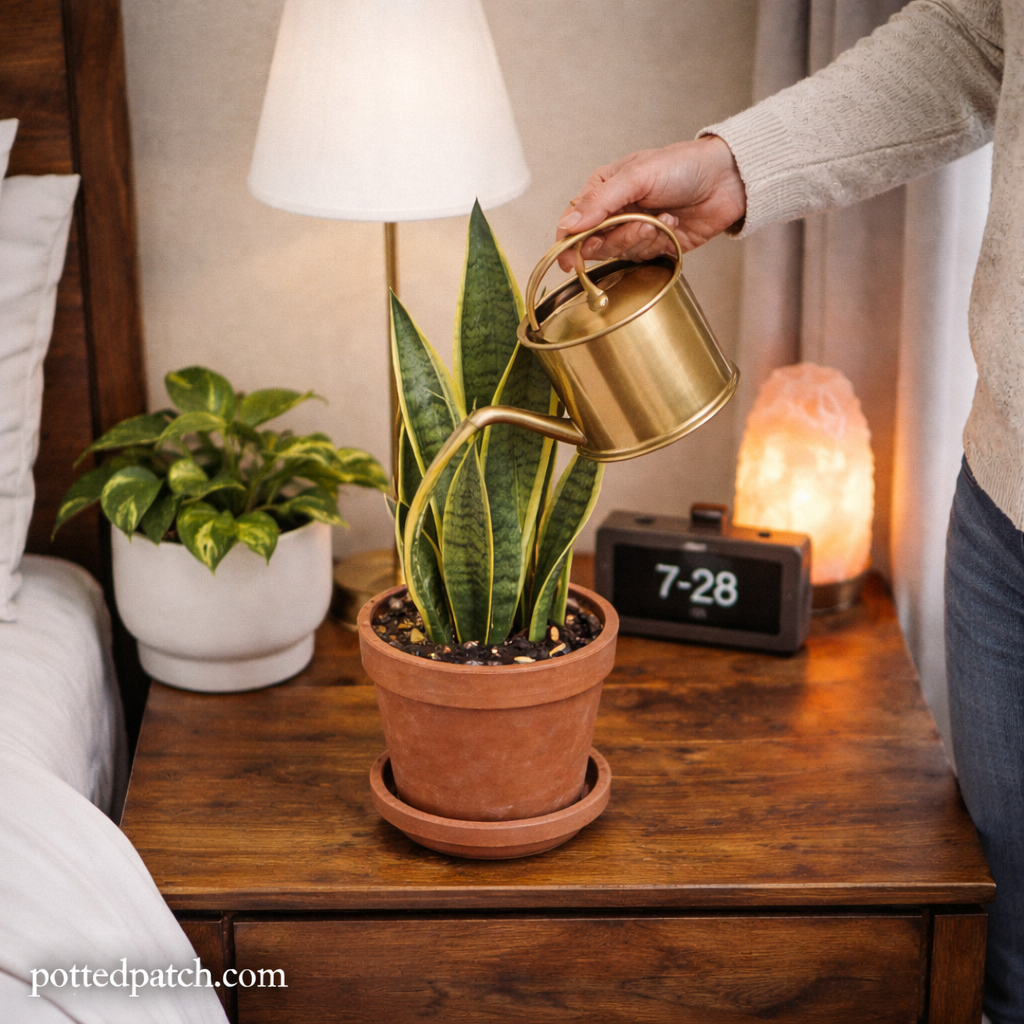 Person watering a snake plant on a bedroom nightstand in low light conditions.