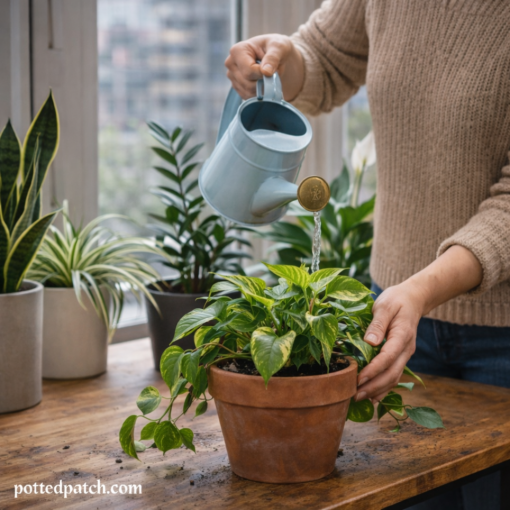 Person watering a beginner-friendly houseplant in an apartment setting.
