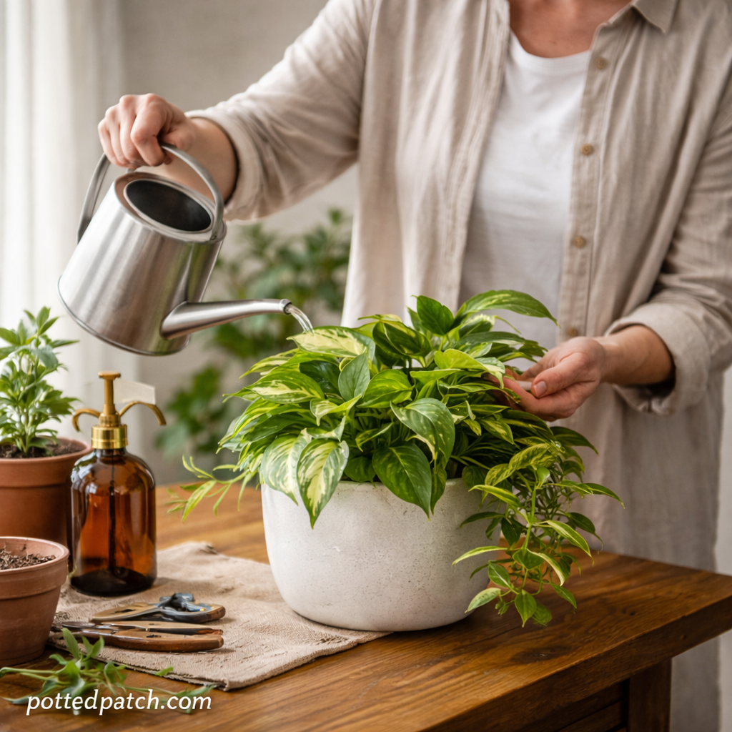 Person watering a beginner-friendly pothos plant in an indoor apartment setting.