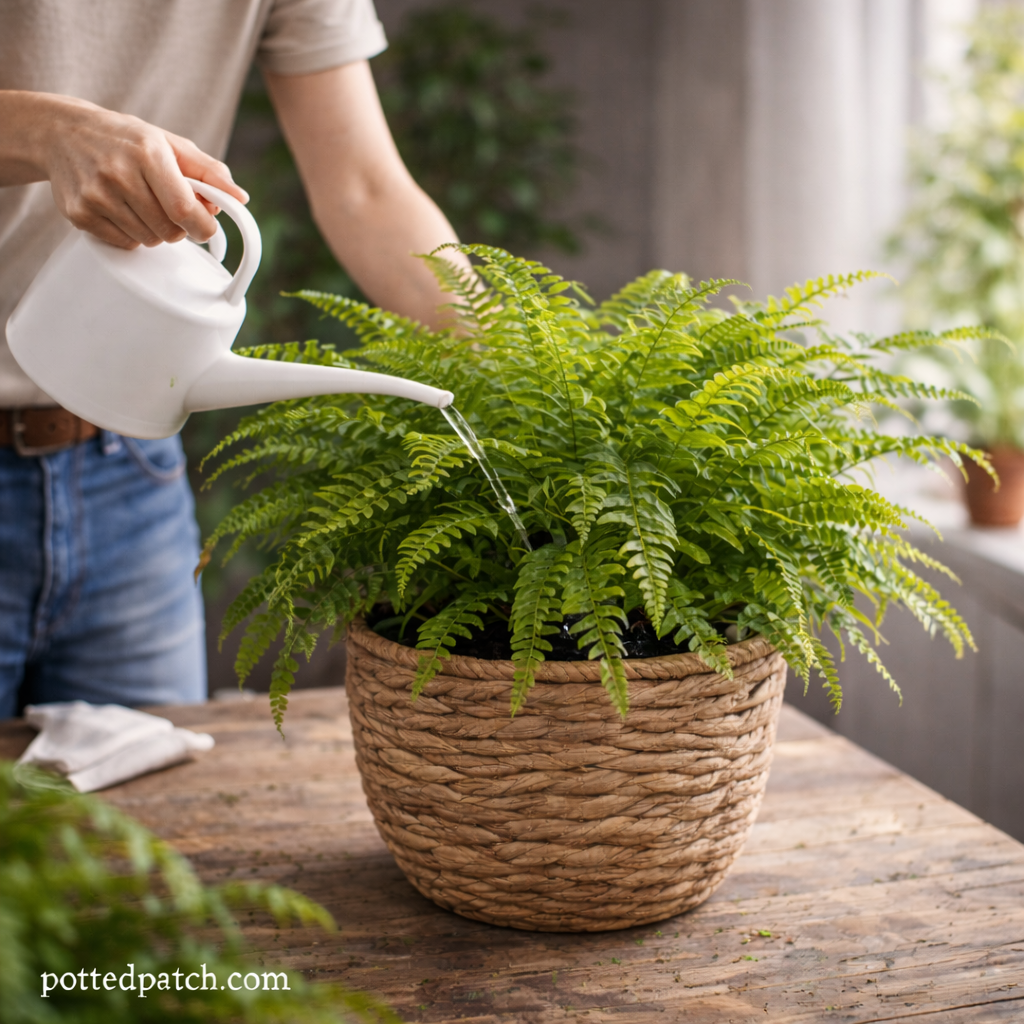 Person watering a Boston fern indoors in a woven basket planter, with pottedpatch.com watermark.