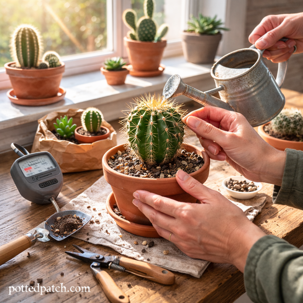 Person watering a healthy indoor cactus in a terracotta pot near a bright window.