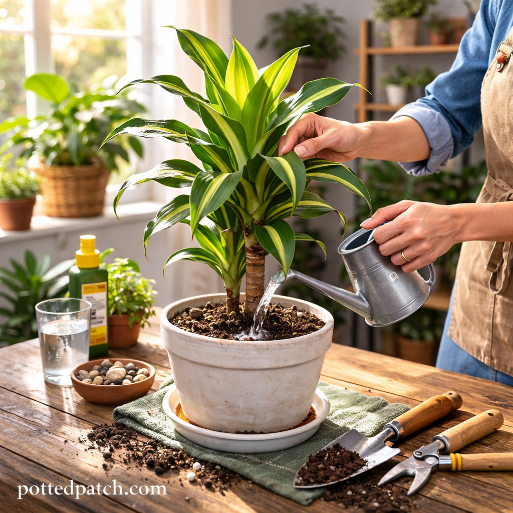 Person watering a dracaena plant indoors to maintain healthy year-round growth.