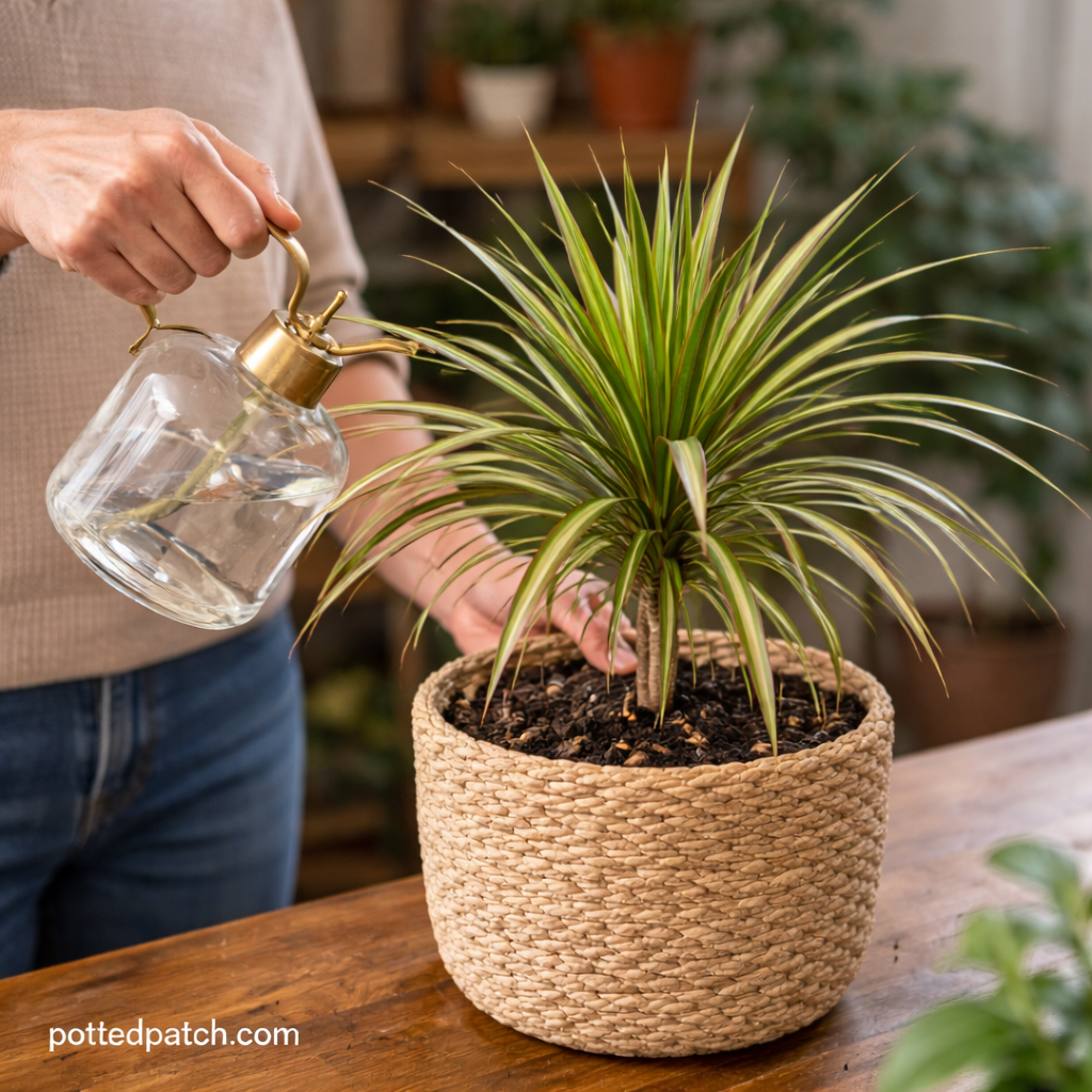Person watering a dracaena plant indoors with a glass watering can in bright indirect light.