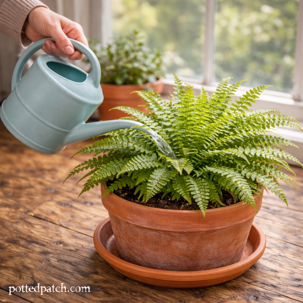 Person watering an indoor fern evenly with a watering can near a bright window.