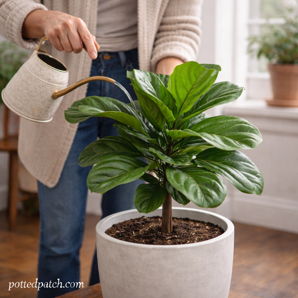 Person watering a healthy fiddle leaf fig in a white pot indoors with pottedpatch.com watermark.