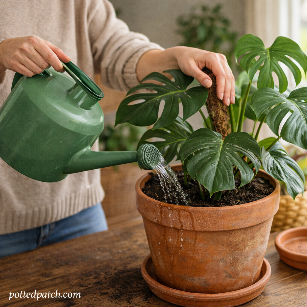 Person watering an indoor houseplant while checking soil moisture to avoid common beginner plant care mistakes.