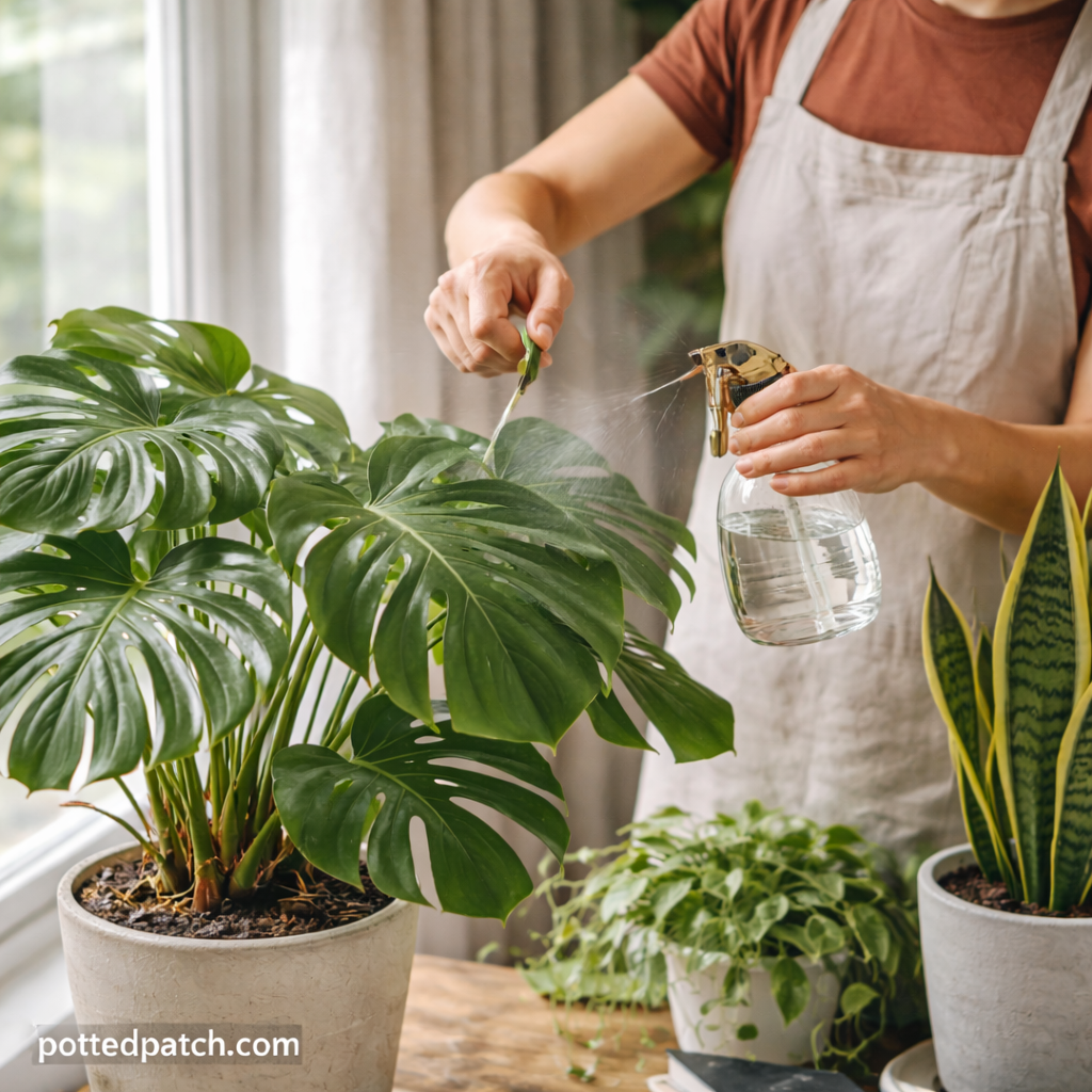 Person watering a houseplant near a window to support healthy indoor plant growth.