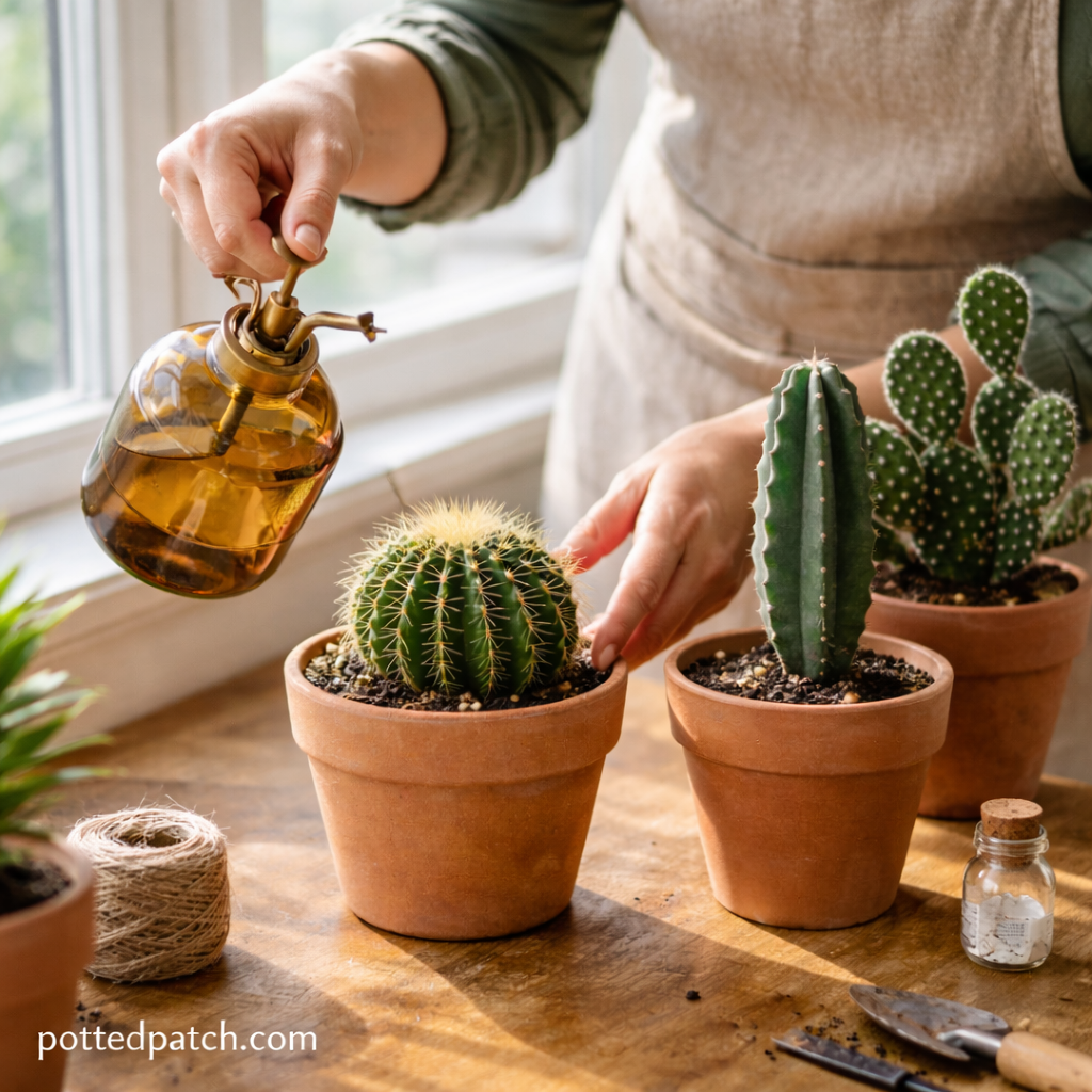 Person watering a small indoor cactus in a terracotta pot near a bright window.