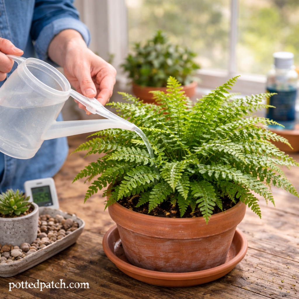 Person watering a healthy indoor fern in a terracotta pot near a bright window.