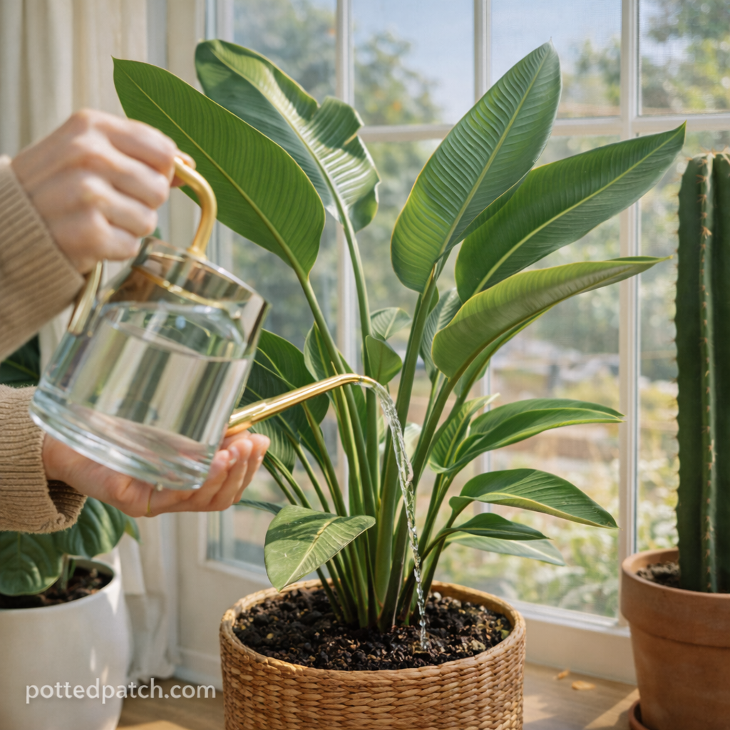 Person watering a sun-loving indoor plant near a bright window with strong natural light.