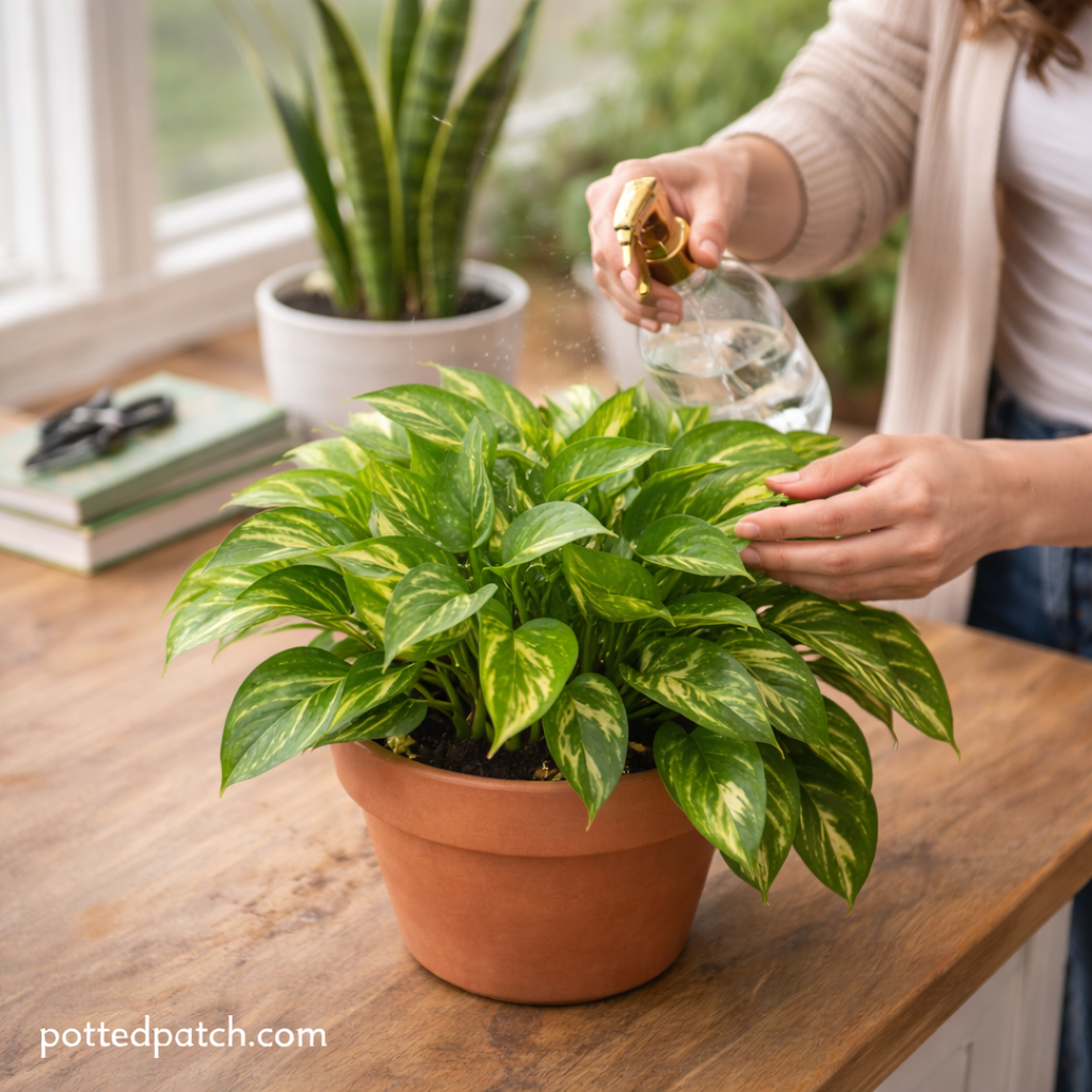 Person gently watering an indoor pothos plant near a bright window as part of beginner plant care.