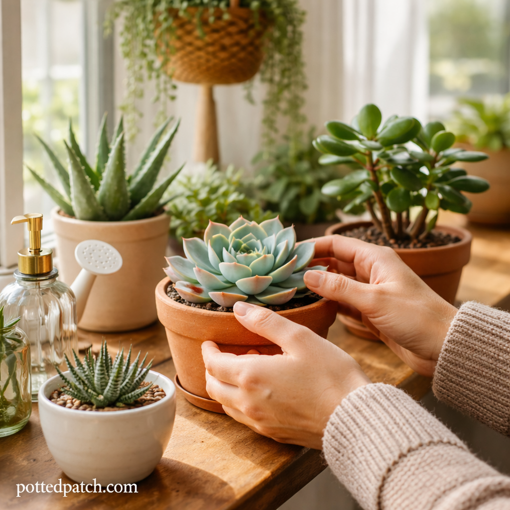 Person gently adjusting and caring for a potted echeveria succulent indoors near a bright window with pottedpatch.com watermark in the bottom left.