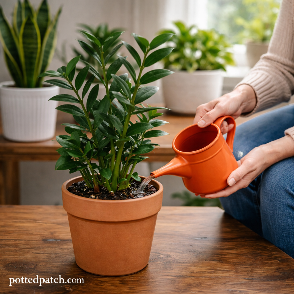 Person watering a low maintenance indoor plant in a terracotta pot near a window.