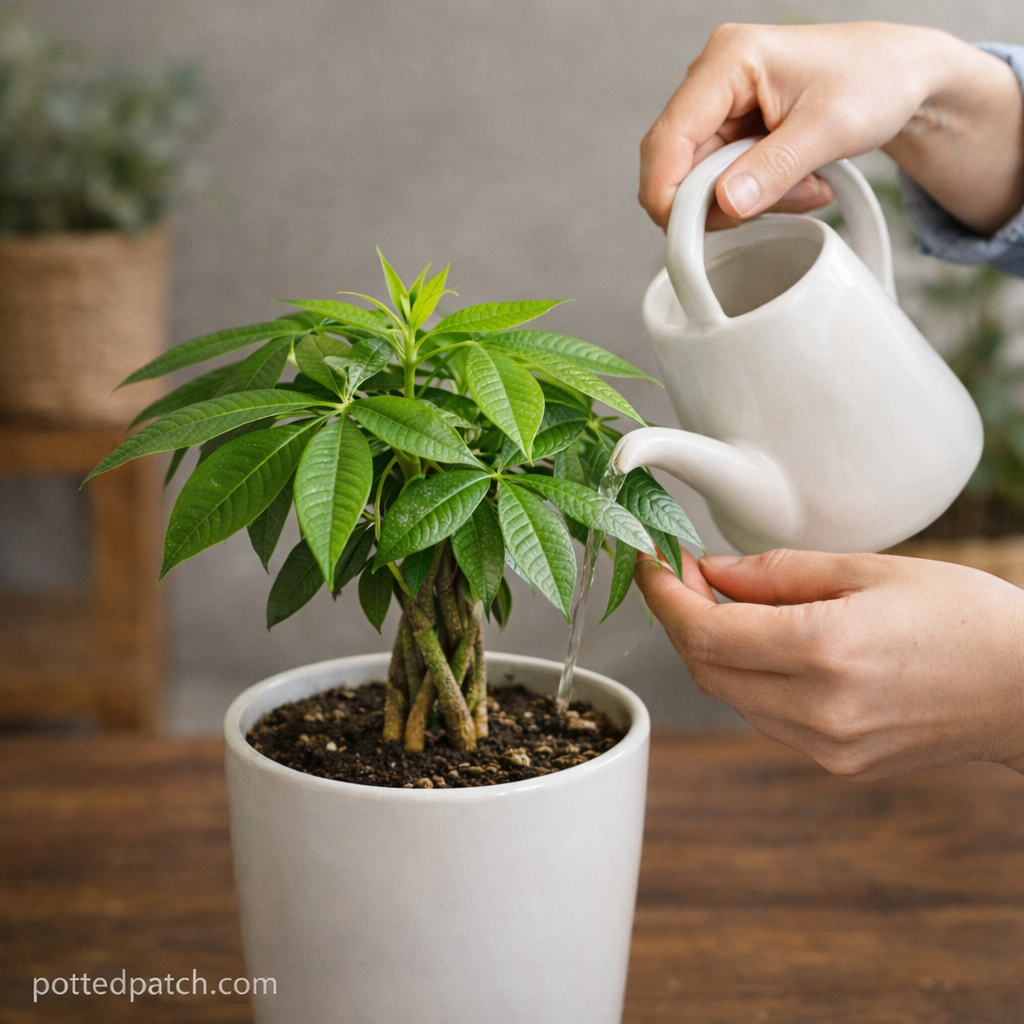 Person watering a healthy Money Tree indoors using a white watering can.