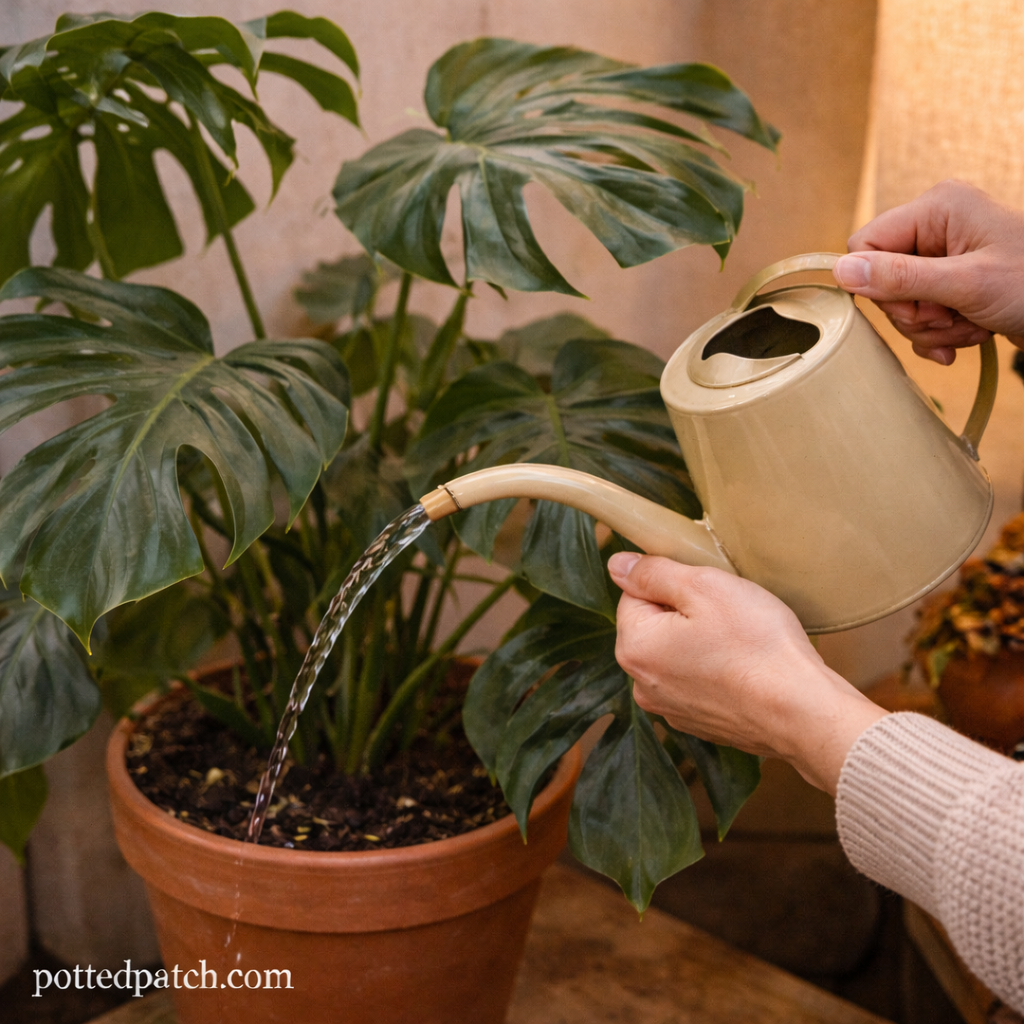 Person watering a monstera plant in a terracotta pot to correct leaf curling caused by watering stress.