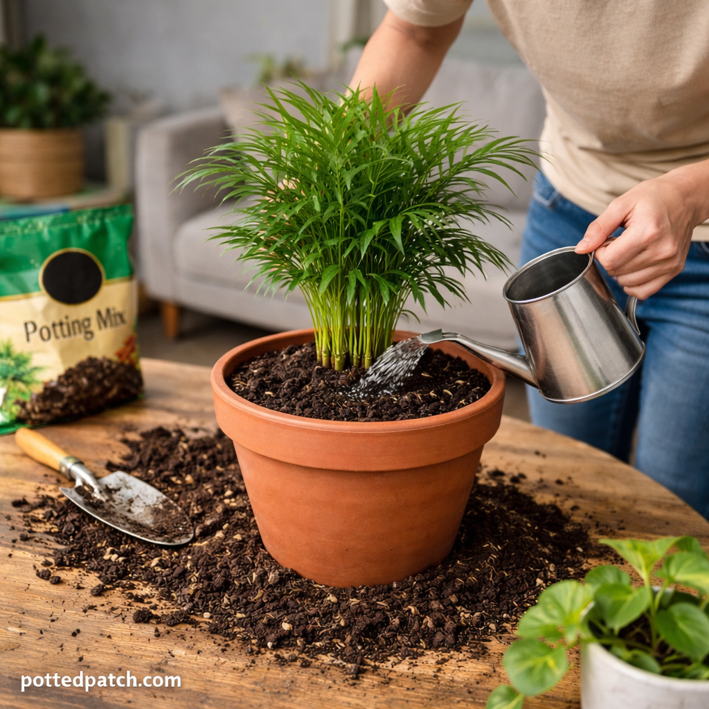 Person watering a freshly repotted parlor palm in a terracotta pot indoors.