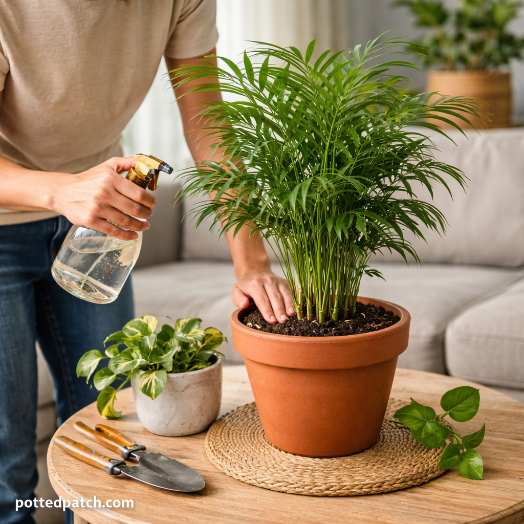 Person gently pressing soil and misting a parlor palm in a terracotta pot on a wooden table indoors.