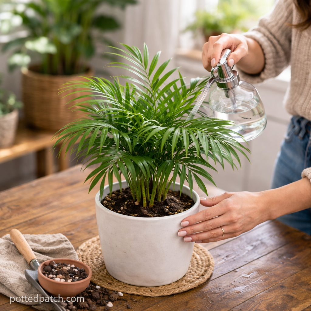 Person watering a Parlor Palm indoors with a glass watering can.