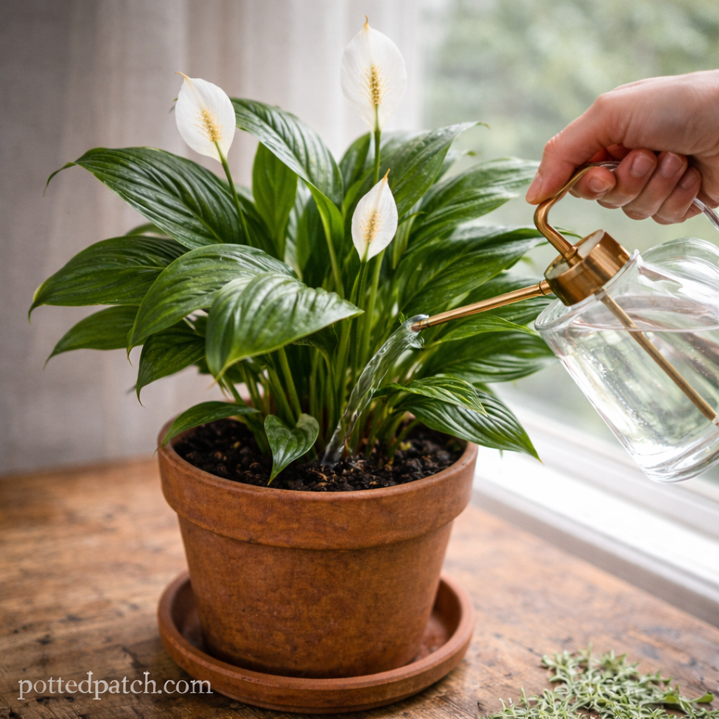 Hand watering a peace lily in a terracotta pot near a bright window, with pottedpatch.com watermark.