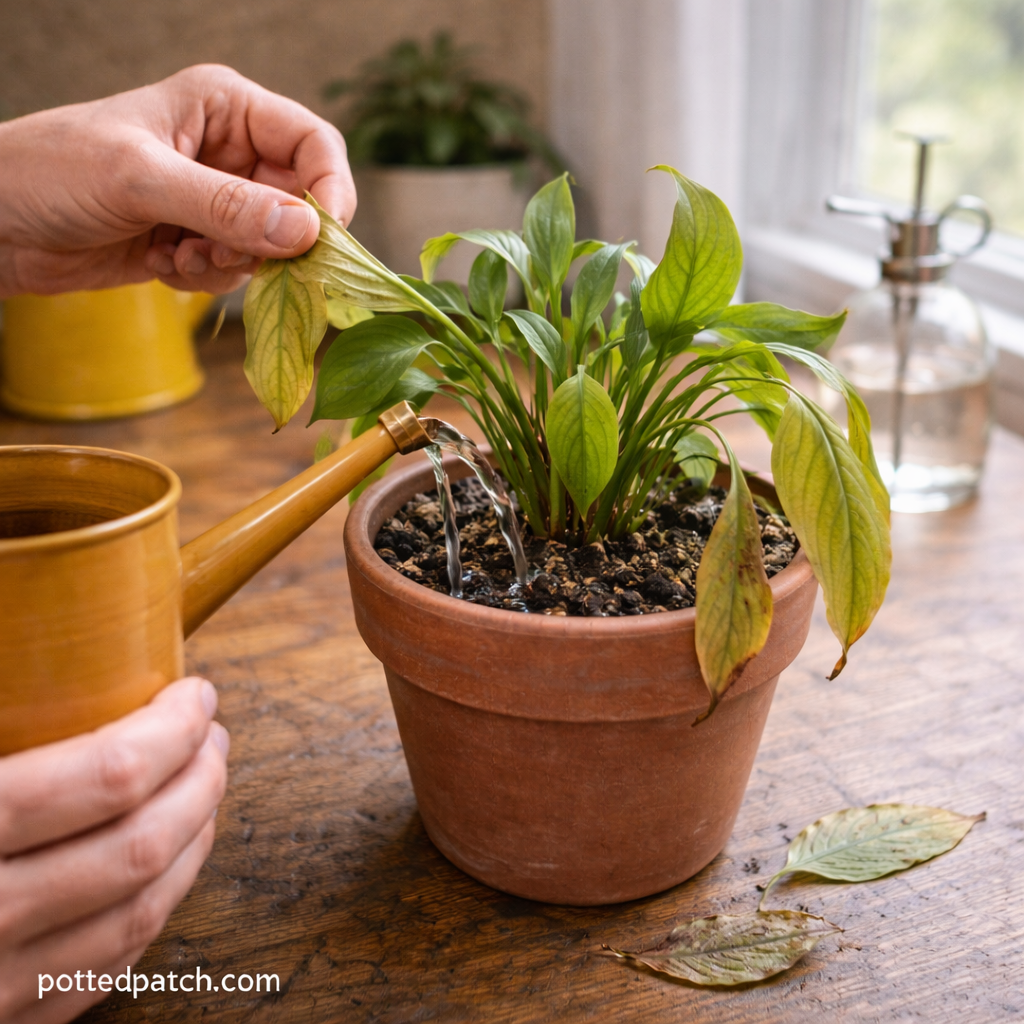 Person watering a peace lily and checking yellow leaves to prevent leaf drop with pottedpatch.com watermark.