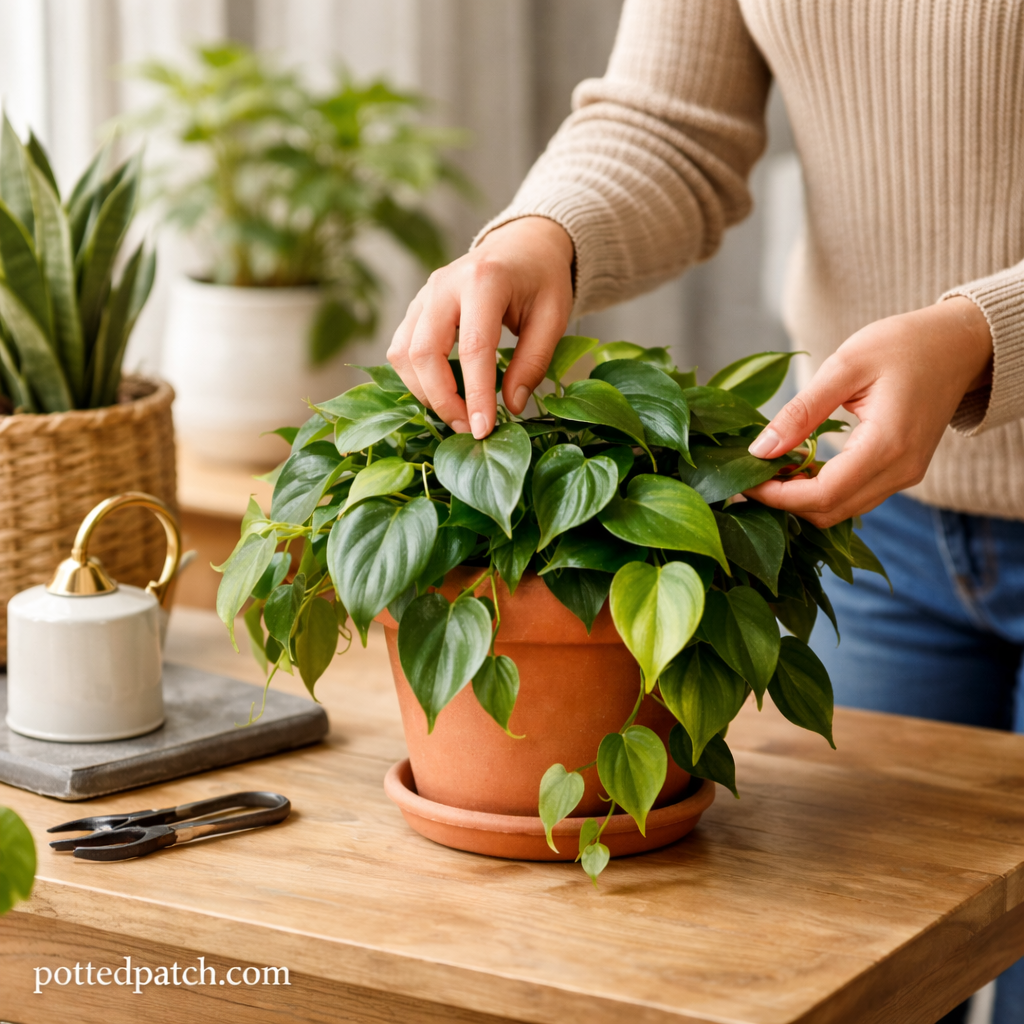 Person gently tending and inspecting a healthy philodendron plant in a terracotta pot indoors.