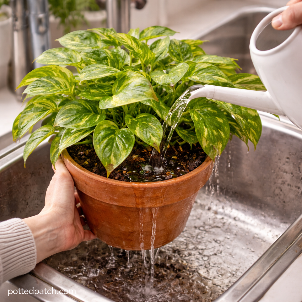 Person watering a pothos plant in a sink, allowing excess water to drain from the pot.