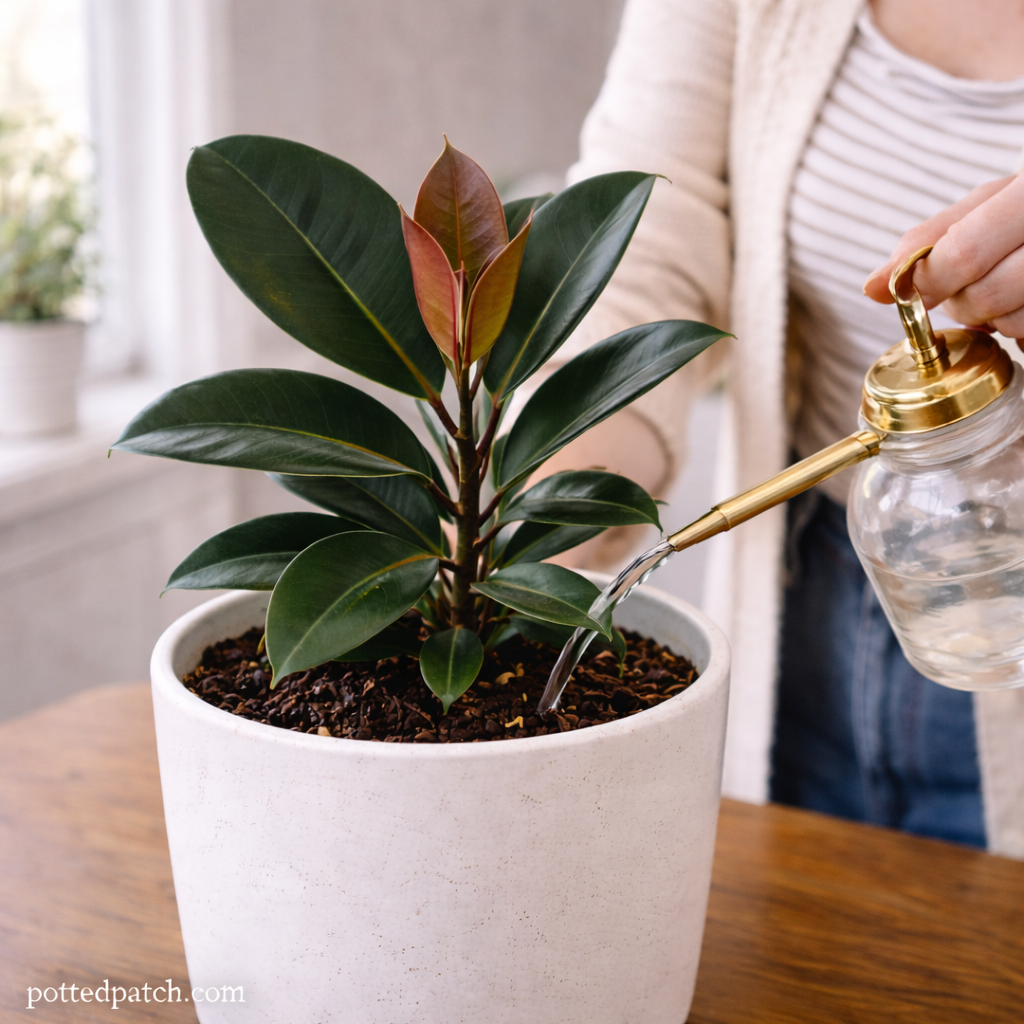 Person watering a rubber plant with a glass watering can in a white pot indoors with pottedpatch.com watermark.
