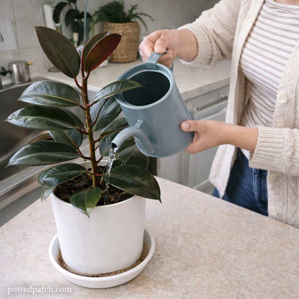 Person watering a rubber plant in a white pot over a sink with water draining from the bottom and pottedpatch.com watermark.