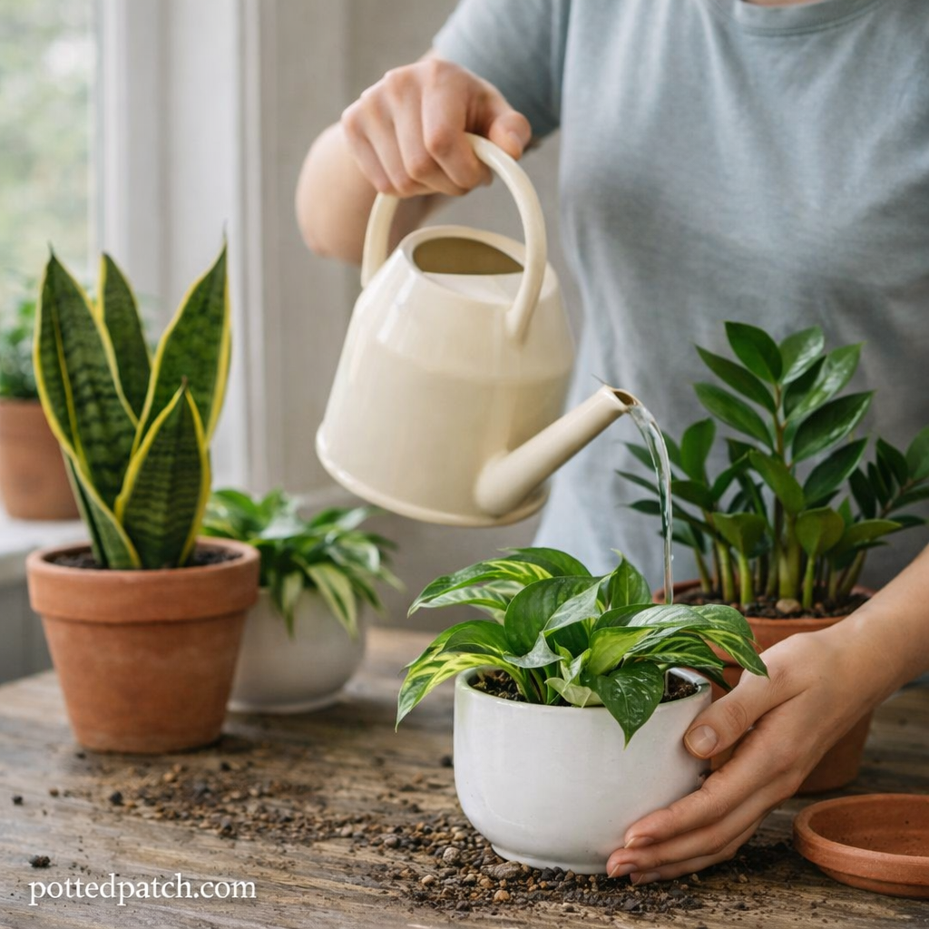 Person watering a small indoor plant collection with beginner-friendly houseplants near a window.