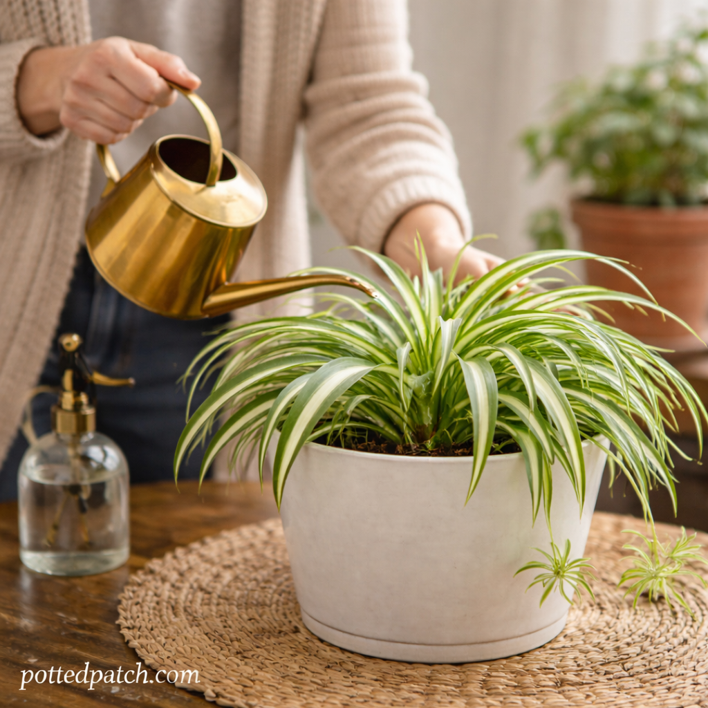 Person watering a healthy spider plant in a white pot indoors with pottedpatch.com watermark.