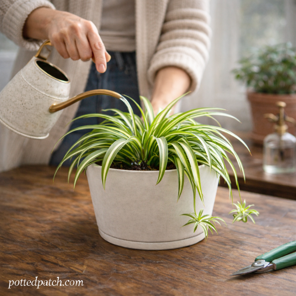 Person watering a healthy spider plant with a curved spout watering can indoors and pottedpatch.com watermark.