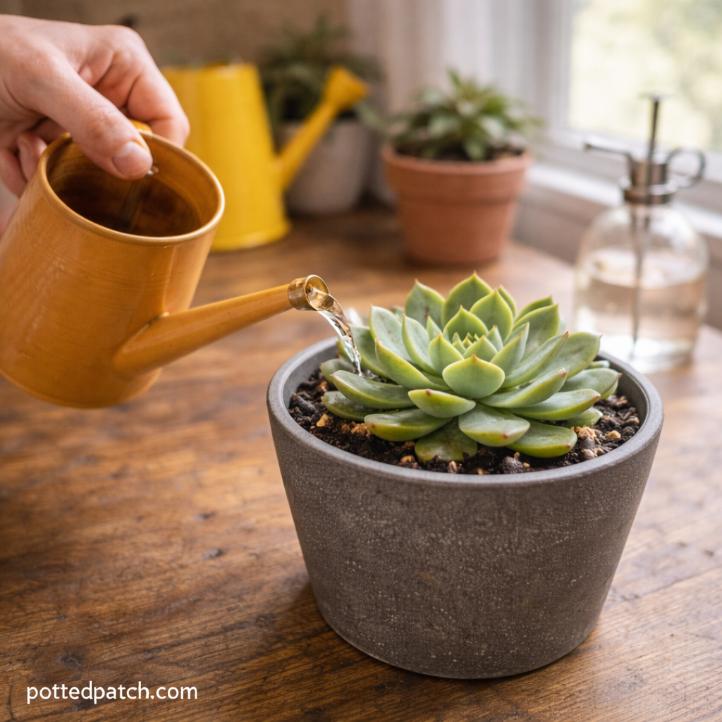 Person watering a healthy potted succulent near a bright window using the soak and dry method with pottedpatch.com watermark.