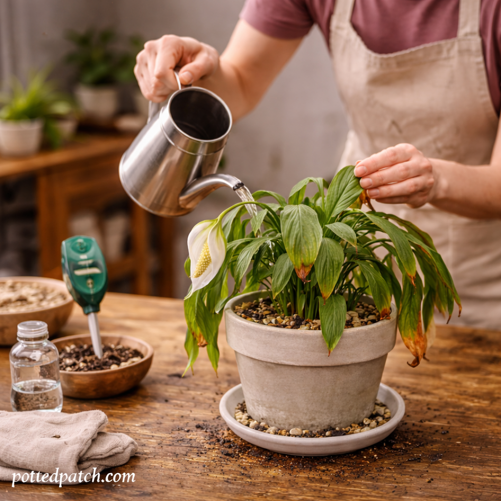 Person watering a wilting peace lily in a gray pot indoors.