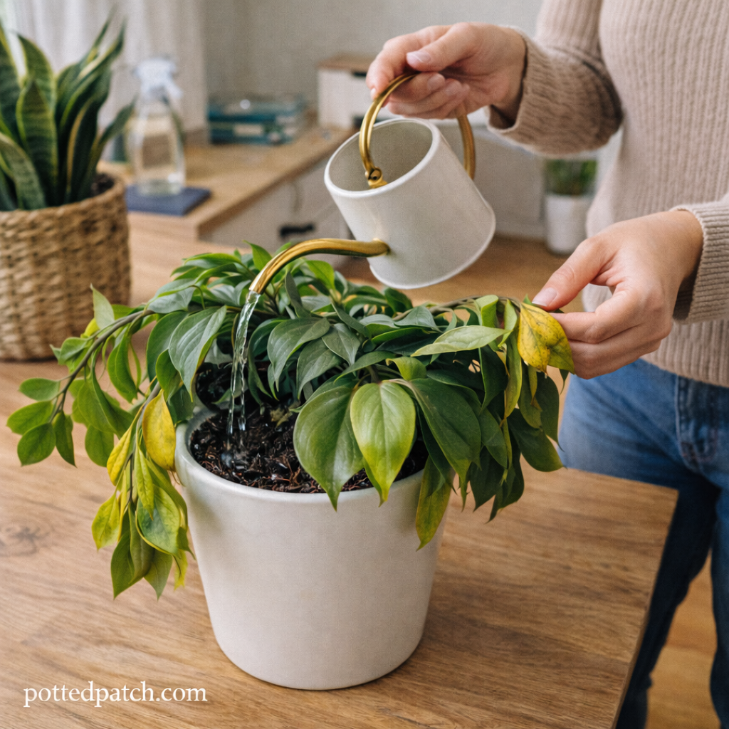 Person watering a wilting ZZ plant with yellow leaves in a white pot indoors.