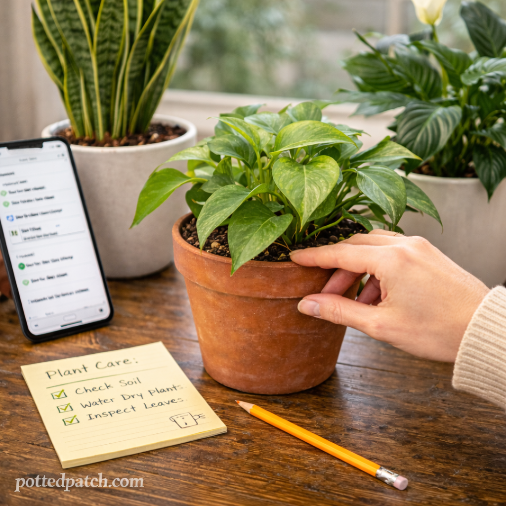 Person checking soil moisture on a potted houseplant during a weekly plant care routine indoors.