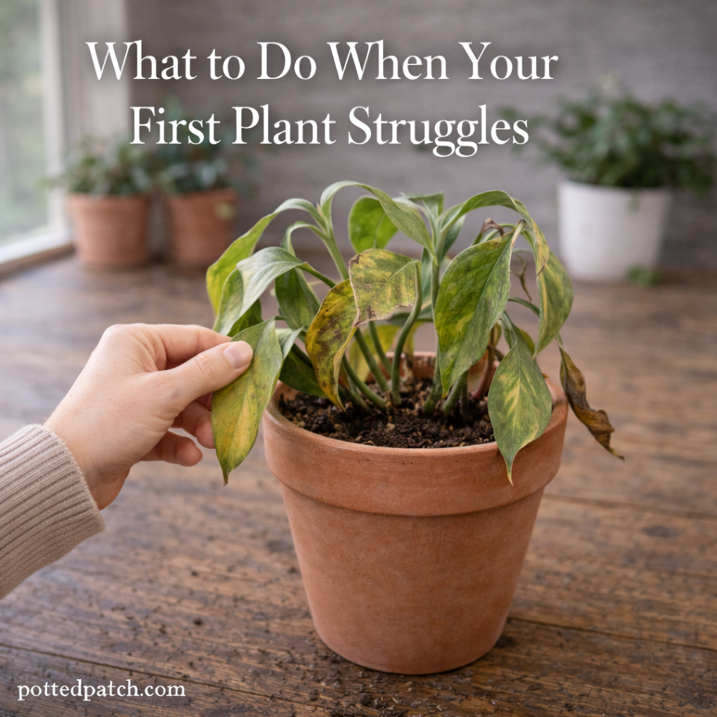 Beginner houseplant showing yellowing and drooping leaves while being gently checked for care issues.