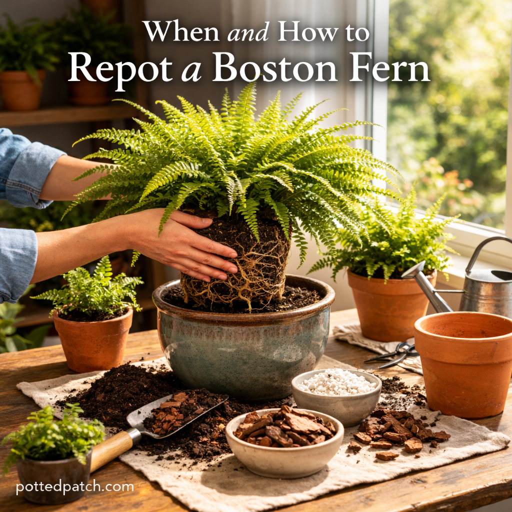 Hands repotting a Boston fern into a slightly larger pot with fresh well-draining soil indoors.