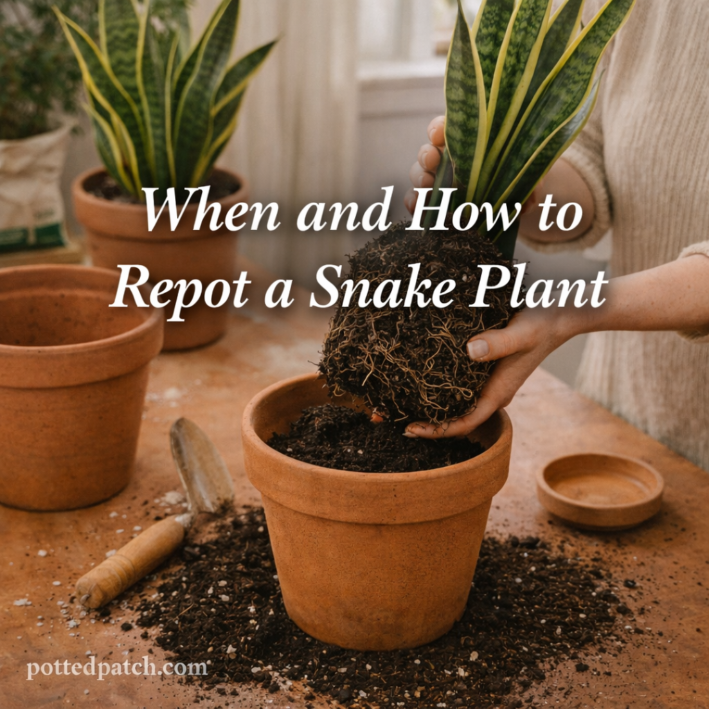 Hands repotting a snake plant into a larger pot showing when and how to repot a snake plant properly.