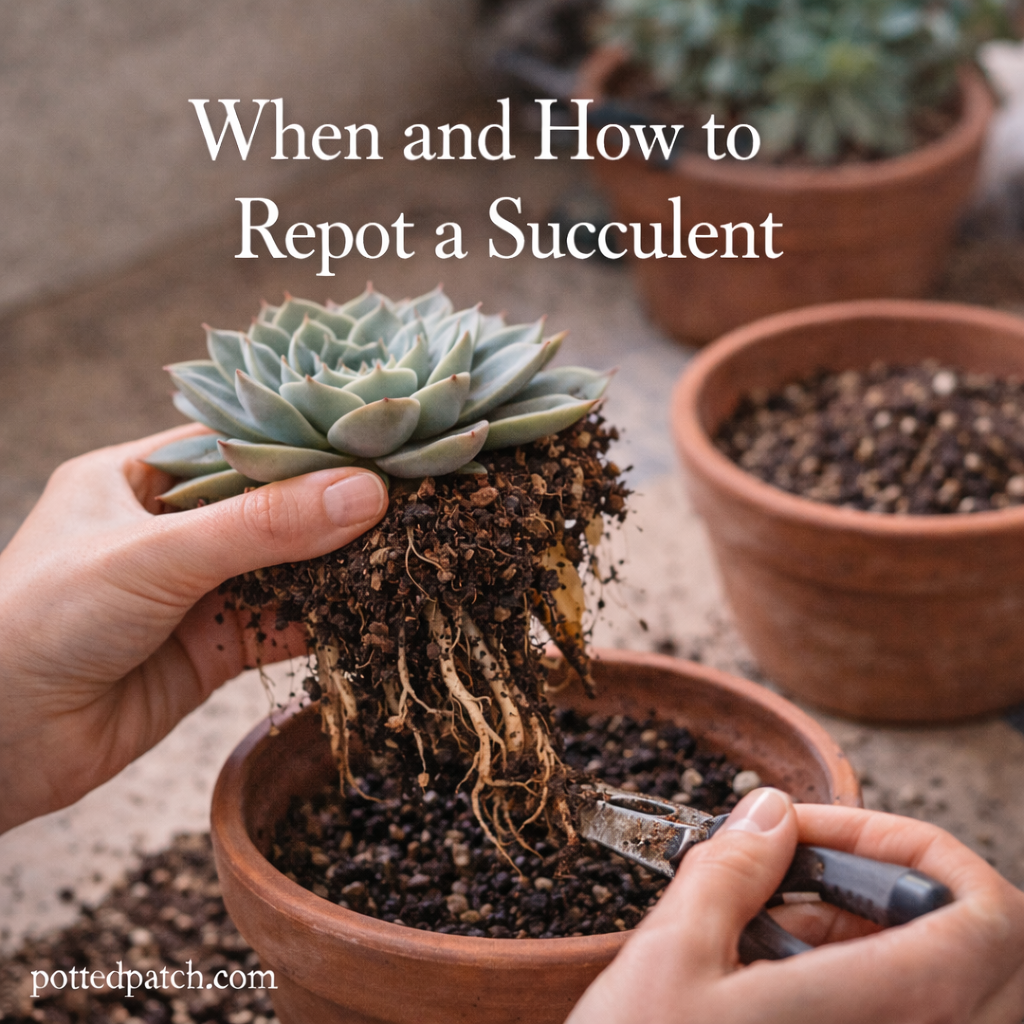 Person repotting a succulent into a terracotta pot with fresh gritty soil featuring the title “When and How to Repot a Succulent” in white serif font and pottedpatch.com watermark in the bottom left.
