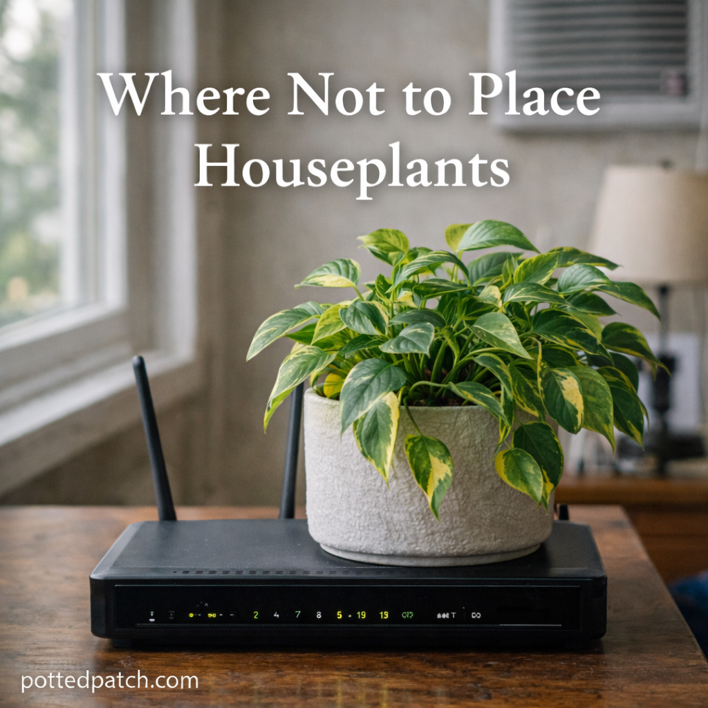 Houseplant placed on top of a Wi-Fi router, showing an example of an unhealthy plant location indoors.