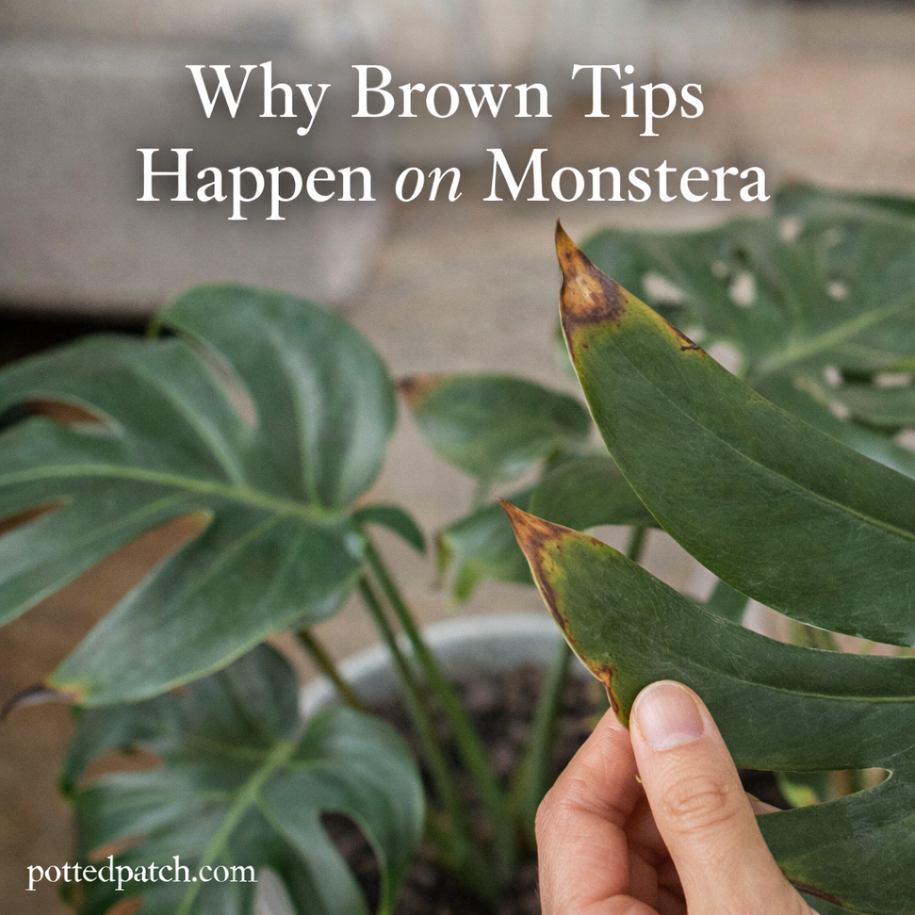 Close-up of Monstera leaves showing brown tips caused by dryness and environmental stress.