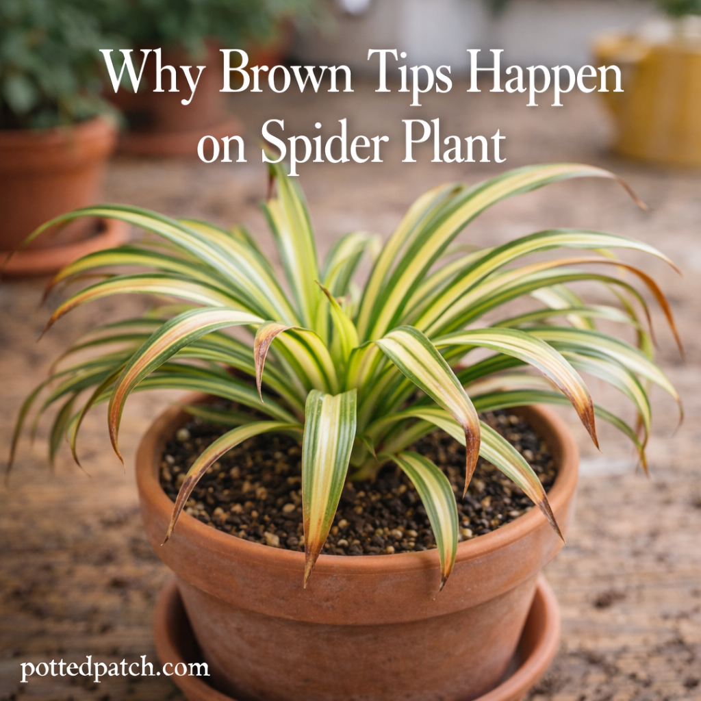 Spider plant in a terracotta pot with visible brown, crispy leaf tips indoors.