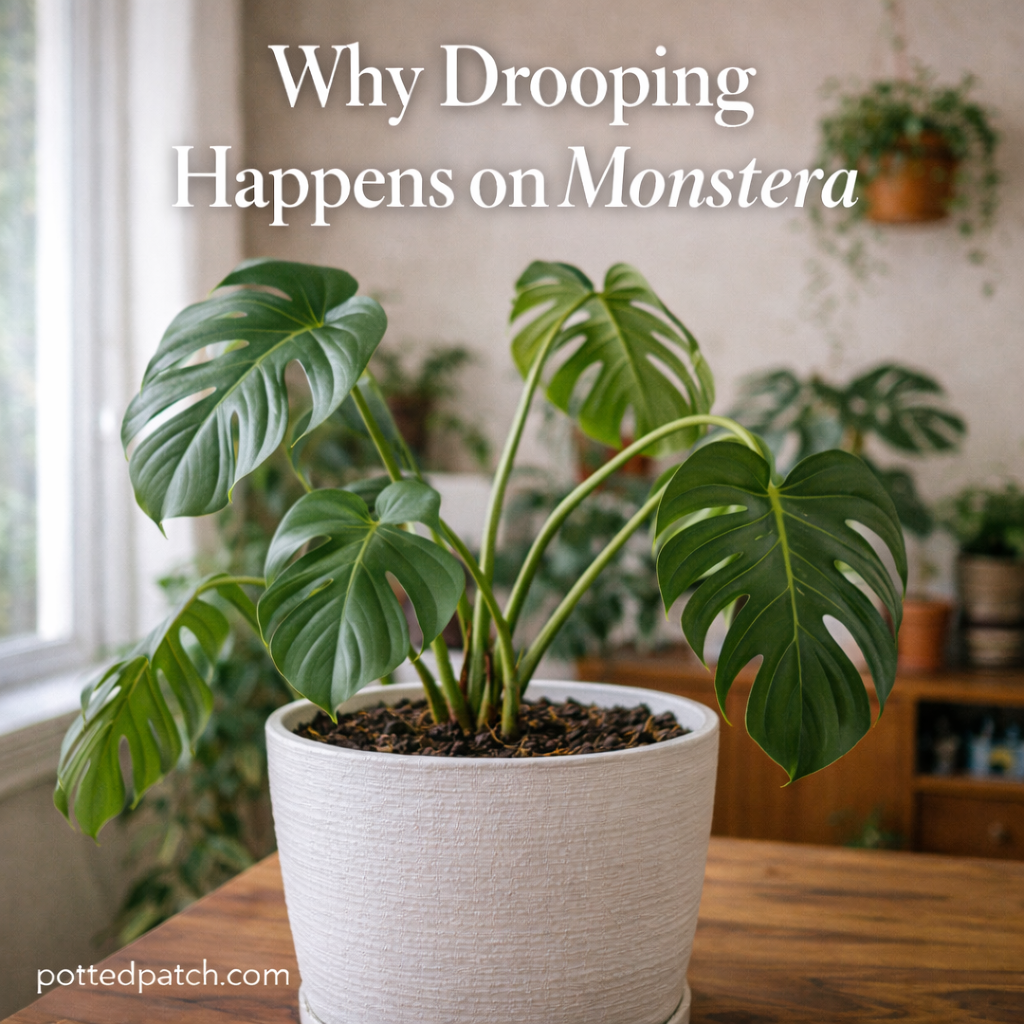 Drooping Monstera leaves showing signs of stress in an indoor houseplant.