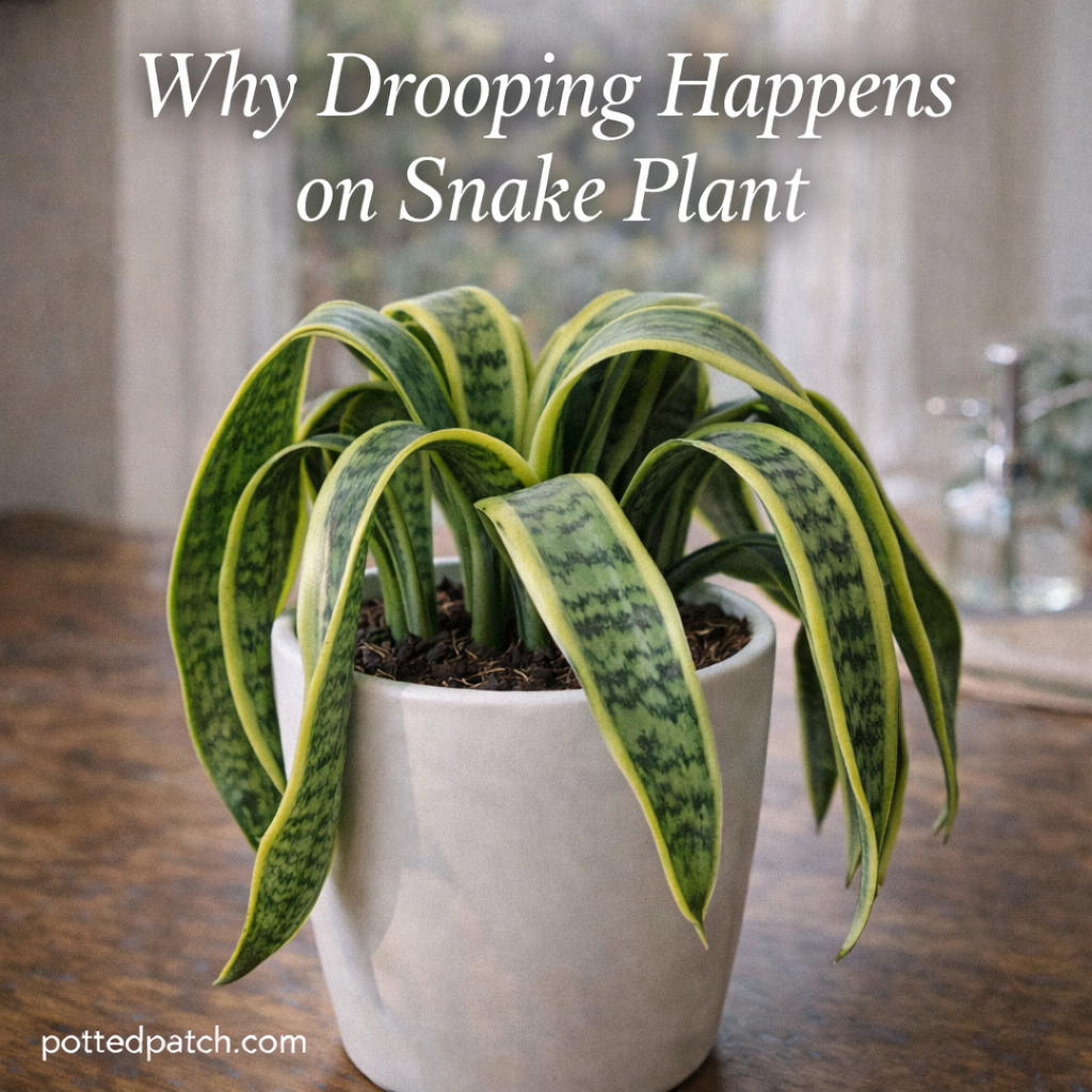 Snake plant with drooping leaves showing common signs of watering or root stress.